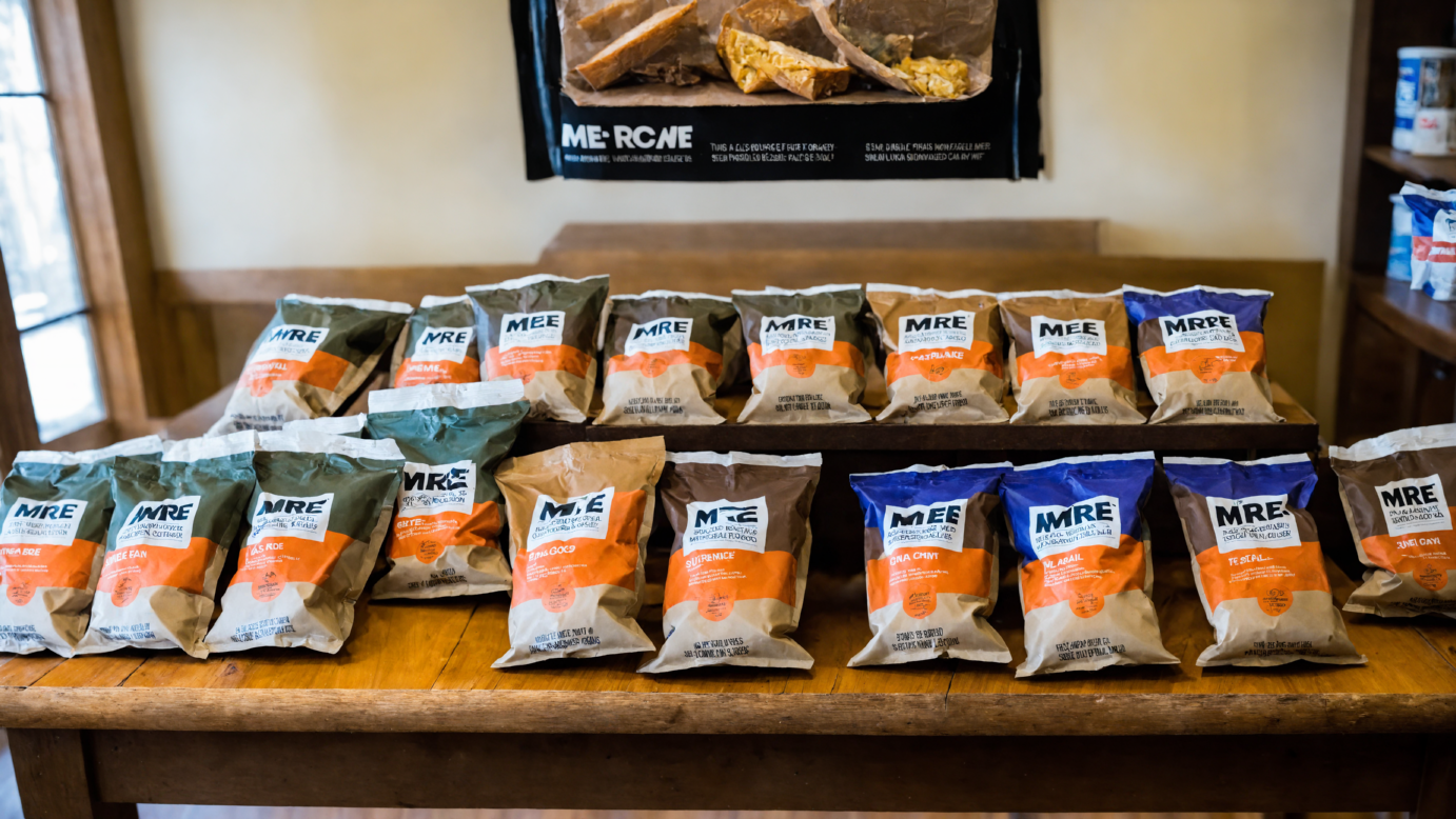 A variety of MRE packages spread out, indicating ready-to-eat survival food options