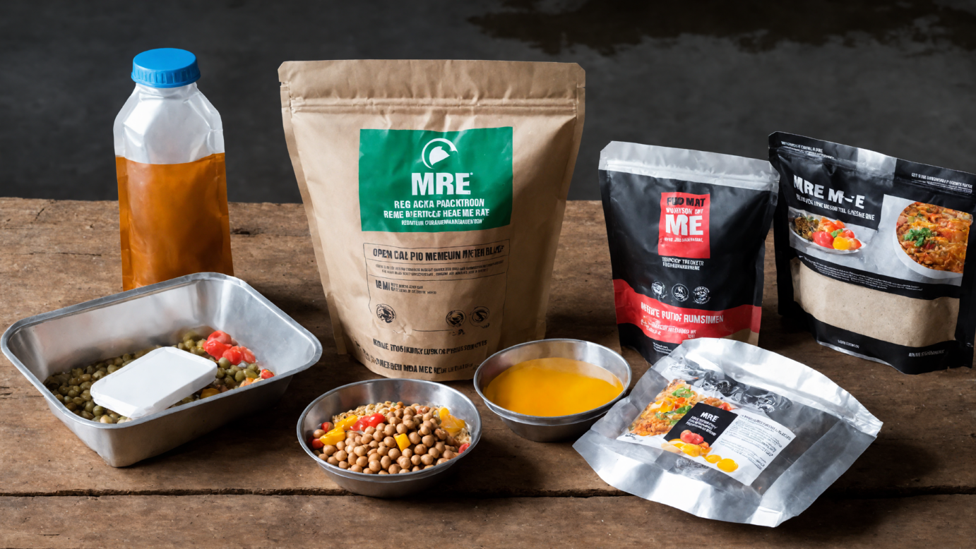Open MRE package displaying its contents: food pouches, heater, utensils, and condiments