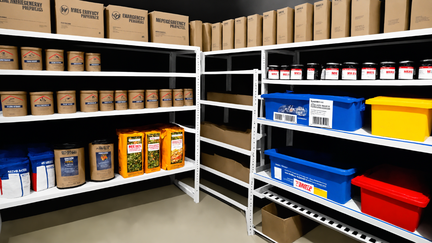 Shelves stocked with various MREs for emergency preparedness