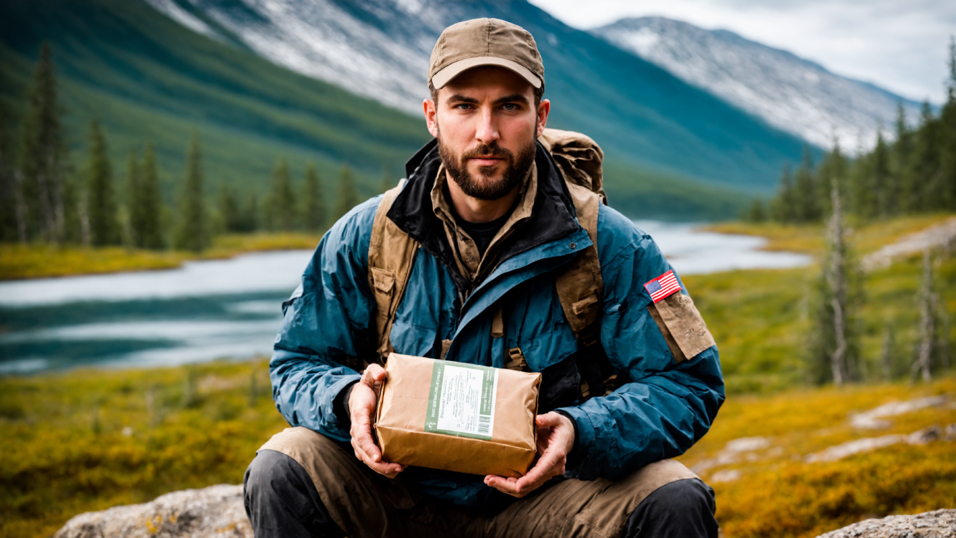 Survivalist holding an MRE, ready for any challenge