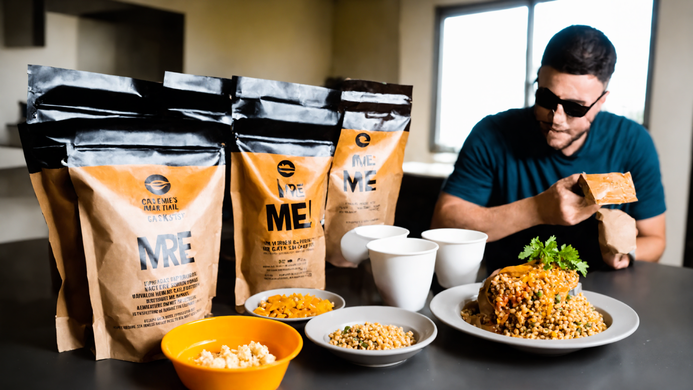 Person taste-testing different MRE meals